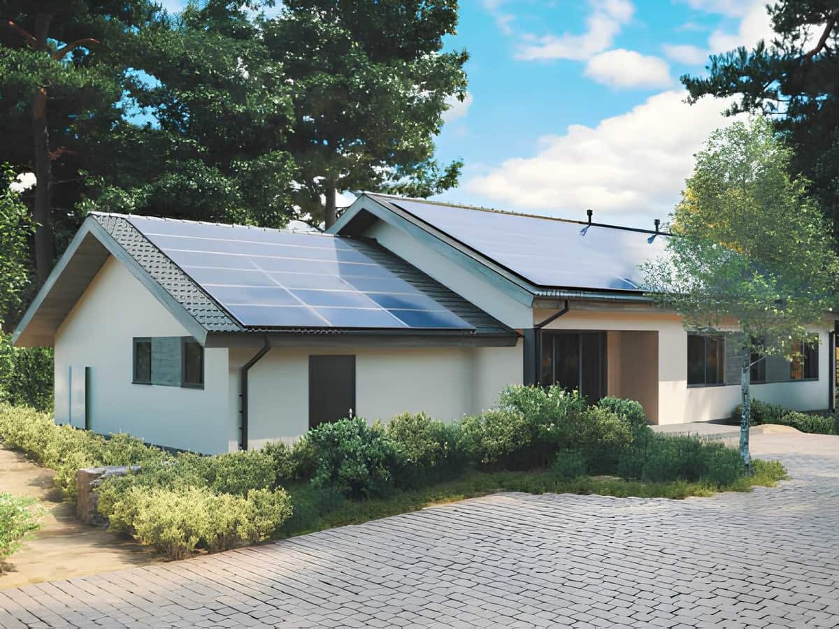 Rooftop solar array on a single-story Arizona home under a clear sky